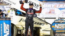 World 0f Outlaws 2024 Kyle Larson I-55 w Trophy Trent Gower Photo.jpg